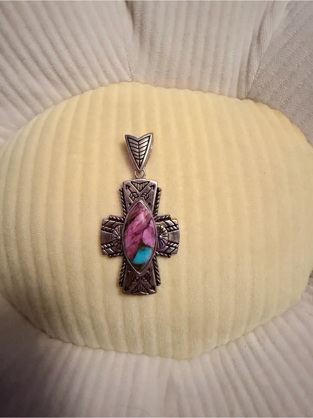 Source Unknown Sterling Silver Cross Pendant with Pink and Turquoise Inlay